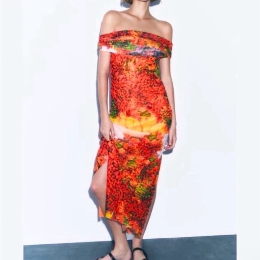 ZARA Over the Shoulder Picante All Print Tulle Bodycon Maxi Dress Fruit - Picture 6 of 7